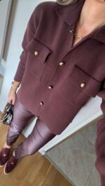 Gold Buttoned Flip Pocket Cardigan - Cherry - Image 2