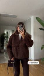 Teddy Half-Zip Pullover—Brown