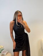 Backless Tied Satin Mini Dress—Black - Image 4