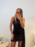Backless Tied Satin Mini Dress—Black - Image 3