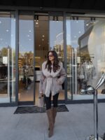 Beige Buff Collar Fur Belted Coat