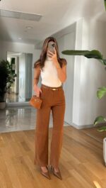 Tosy High Waist Suede Pants - Camel