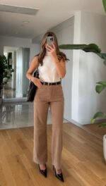Tosy High Waist Suede Pants -Beige