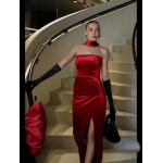 RED SHAWL DETAILED SLIT VELVET DRESS - Image 2