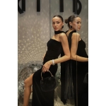 BLACK SHAWL DETAILED SLIT VELVET DRESS - Image 3
