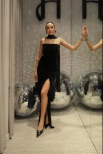 BLACK SHAWL DETAILED SLIT VELVET DRESS