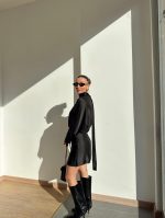 Long Sleeve Satin Tie Dress Black - Image 2