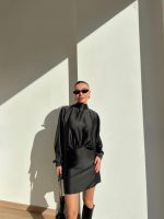 Long Sleeve Satin Tie Dress Black