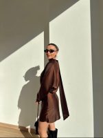 Long Sleeve Satin Tie Dress Brown - Image 2