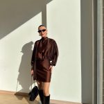 Long Sleeve Satin Tie Dress Brown