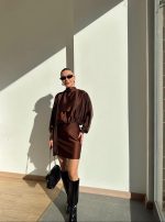 Long Sleeve Satin Tie Dress Brown