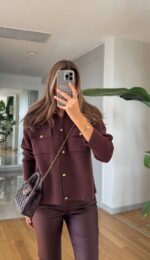 Gold Buttoned Flip Pocket Cardigan - Cherry