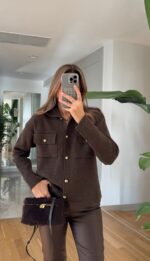 Gold Buttoned Flip Pocket Cardigan - Brown - Image 2