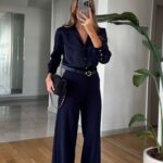 Moss High Waist Belted Trousers - Navy Blue