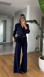 Moss High Waist Belted Trousers - Navy Blue