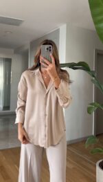 Regina Satin Shirt - Beige - Image 3