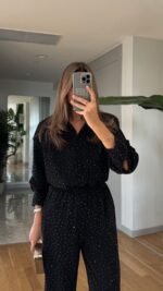 Stone Detailed Shirt Pants Set - Black