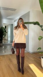 Satin Dress Knitwear Sweater Double Set —Brown