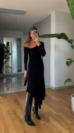 Asymmetric Stone Detailed Dress - Black