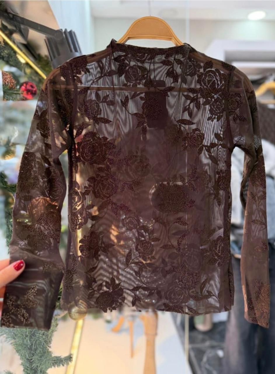 4a0fb137-8e1a-4e86-867b-862a4f3fd129 Leaf Pattern Transparent Blouse— Brown - Image 1