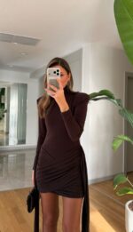 Tail Draped Padded Dress – Brown - Image 3