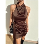 Backless Tied Satin Mini Claret Brown Dress - Image 2