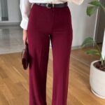 Moss High Waist Belted Trousers - Claret Red