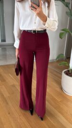 Moss High Waist Belted Trousers - Claret Red