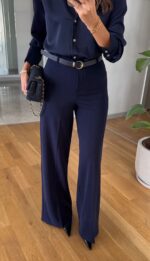 Moss High Waist Belted Trousers - Navy Blue - Image 2