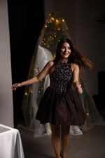 Top Sequin Bottom Poplin Dress -Brown