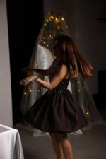 Top Sequin Bottom Poplin Dress -Brown - Image 2