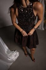 Top Sequin Bottom Poplin Dress -Brown - Image 3