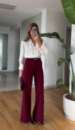 Moss High Waist Belted Trousers - Claret Red - Image 2