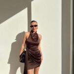 Backless Tied Satin Mini Claret Brown Dress