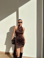 Backless Tied Satin Mini Claret Brown Dress