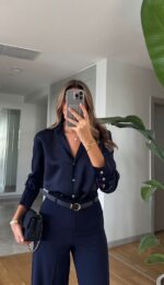 Regina Satin Shirt - Navy Blue - Image 2