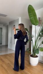 Moss High Waist Belted Trousers - Navy Blue - Image 3