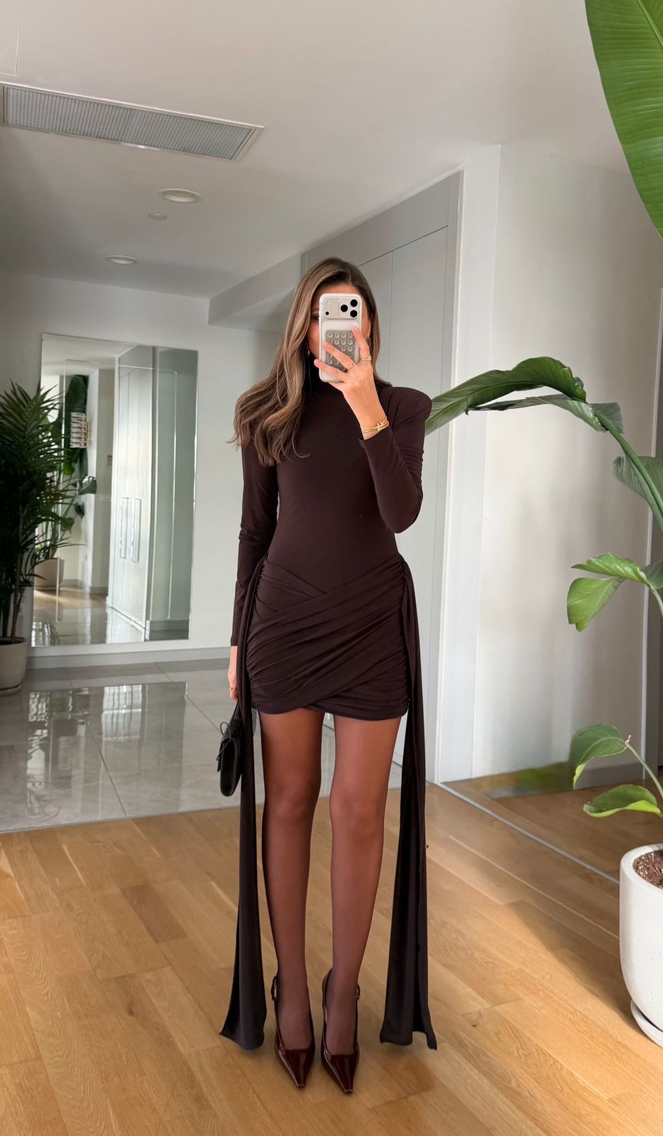 ee29d9f7-5bf1-454f-b2b2-ad51276cacbf Tail Draped Padded Dress – Brown - Image 1