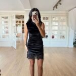 Astral Black Draped Zero Sleeve Skirt Lace Velvet Dress
