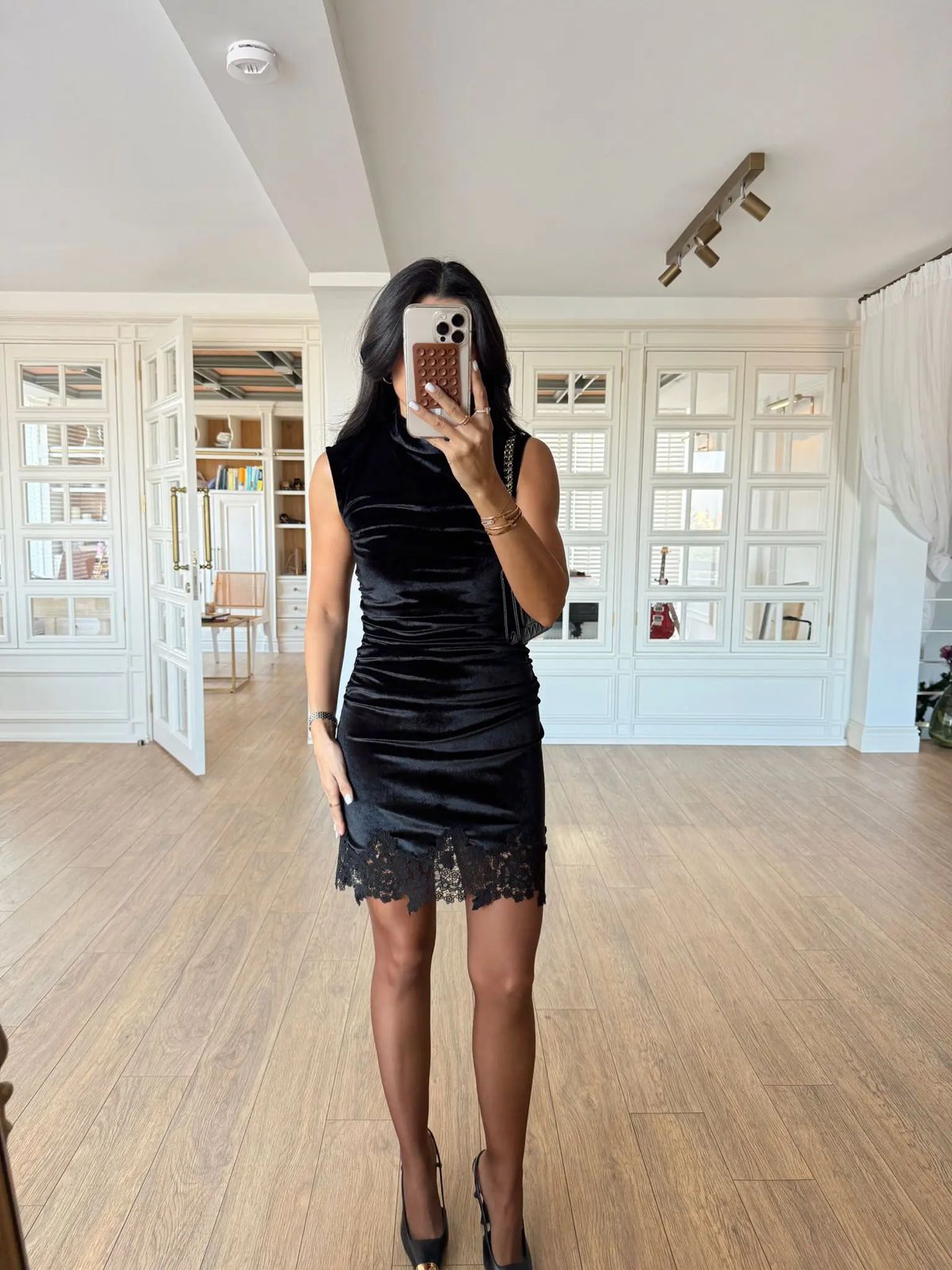 ff20f444-5777-4396-b3ef-fbdc66453a94 Astral Black Draped Zero Sleeve Skirt Lace Velvet Dress - Image 1