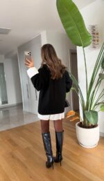 Layered Knit Shirt Dress – Black - Image 5