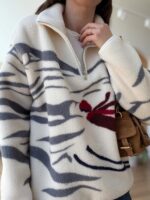 Cream Fleece Quarter Zip Floral Pullover - Image 6