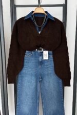 Denim-Collar Cable Knit - Brown - Image 2