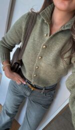 Olive Green Button Up Knit Cardigan - Image 2