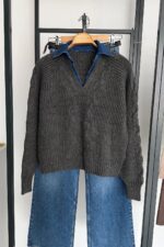 Denim-Collar Cable Knit - Grey - Image 3