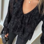 Black Sheer Floral Ruffle Blouse