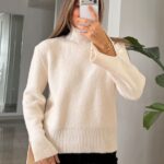 Ivory Ribbed Turtleneck Knit Sweater