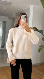 Ivory Ribbed Turtleneck Knit Sweater