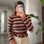 Brown and Red Striped Ribbed Sweater