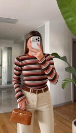 Brown and Red Striped Ribbed Sweater